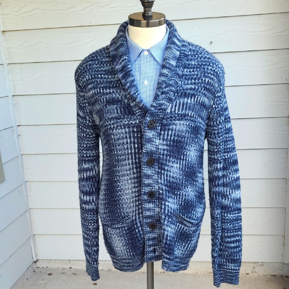 SCHOTT Bros NYC Knit Heather Blue Grey Wool Blend Large Cardigan Shawl Sweater